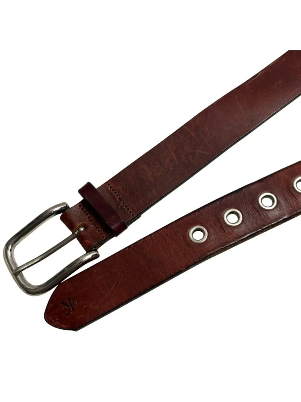 Vintage Calvin Klein Belt Women Large Brown Leather Brass Buckle USA 90s Classic